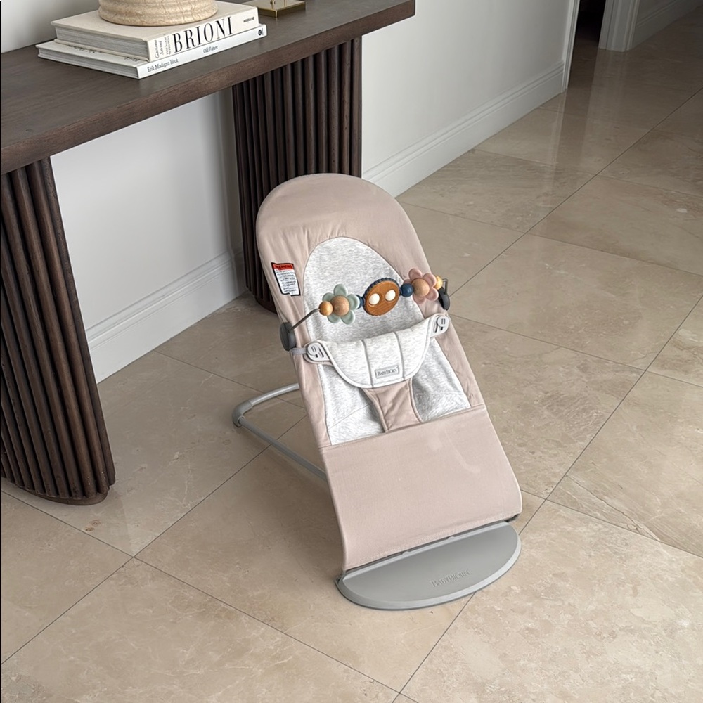 BabyBjorn Beige/Gray Baby Bouncer with pastel Toy Bar